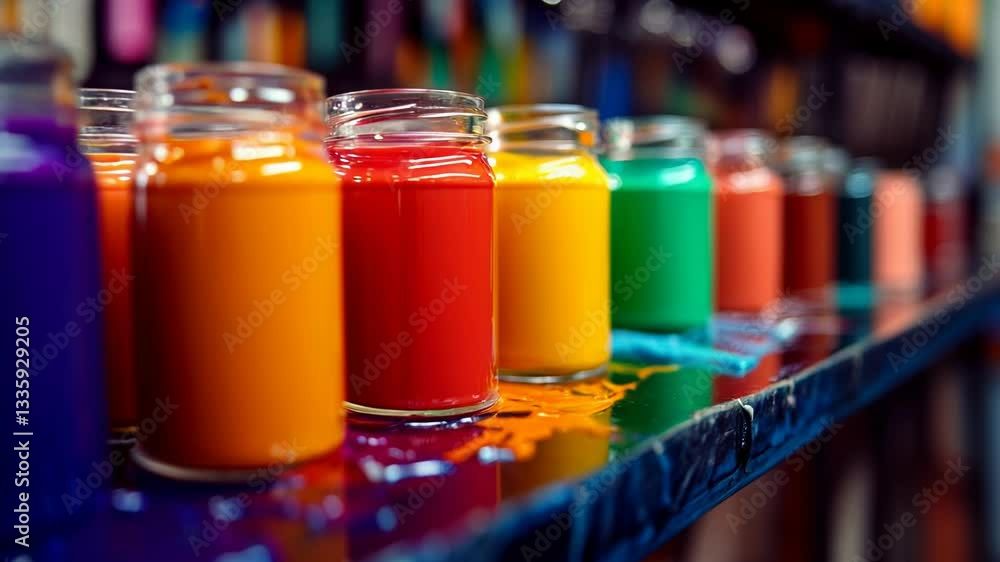 Vibrant jars of paint in an artistic studio setting. Vibrant jars of paint in an artistic studio setting.