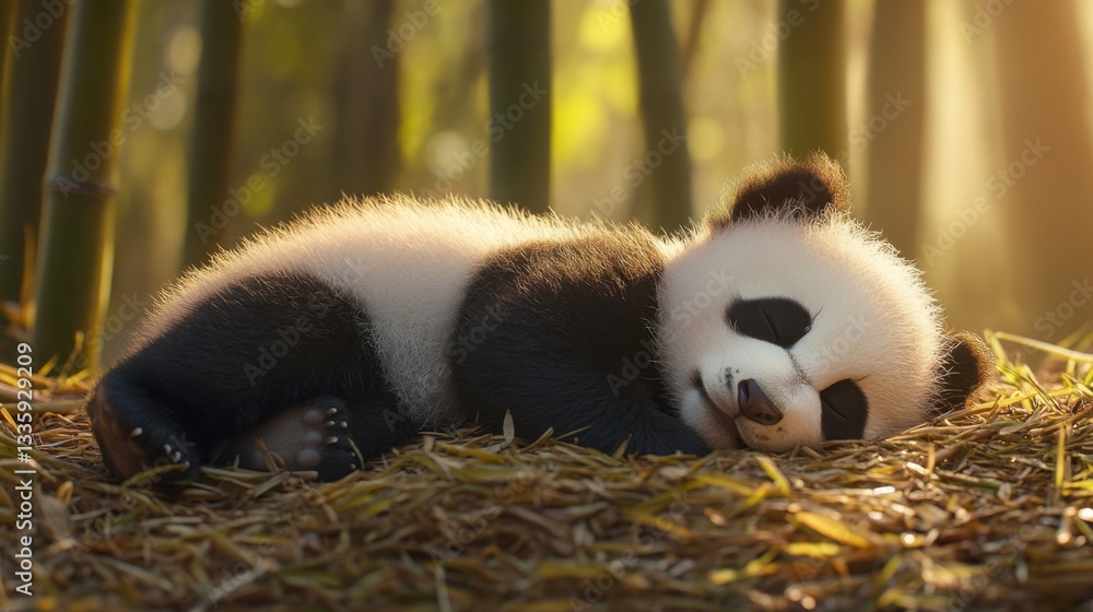 Fototapeta premium Adorable baby panda sleeping peacefully in bamboo forest setting