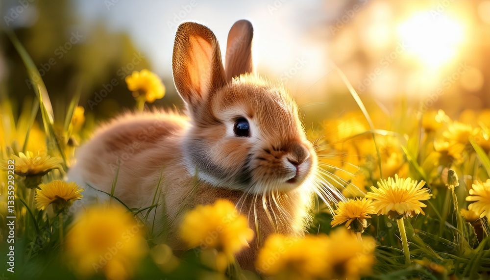 Fototapeta premium adorable fluffy bunny relaxing in a sunny meadow with yellow flowers