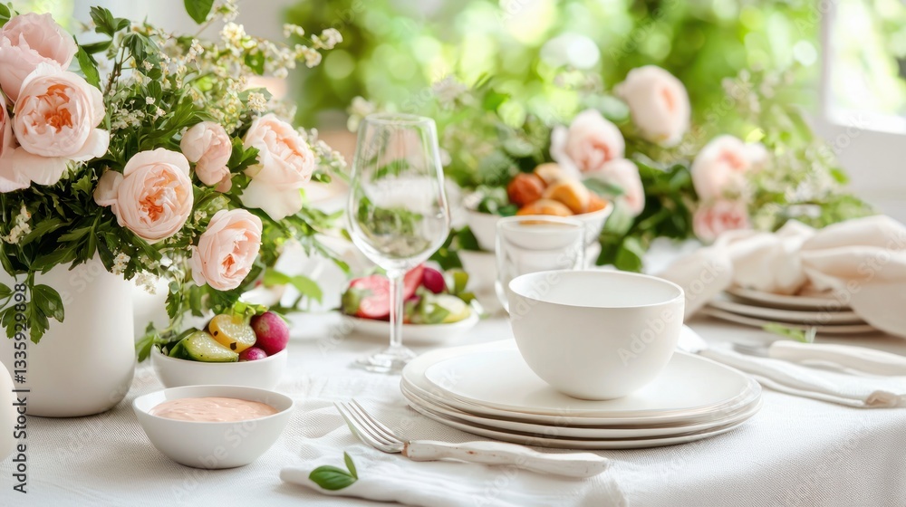 Elegant table setup featuring fresh flowers and various dishes creating a serene dining experience Elegant table setup featuring fresh flowers and various dishes creating a serene dining experience