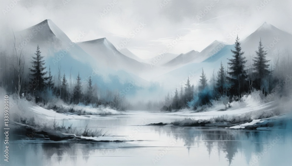 Dynamic Abstract Landscape of Icy Blue Serenity in a Misty Tundra Reflection Dynamic Abstract Landscape of Icy Blue Serenity in a Misty Tundra Reflection