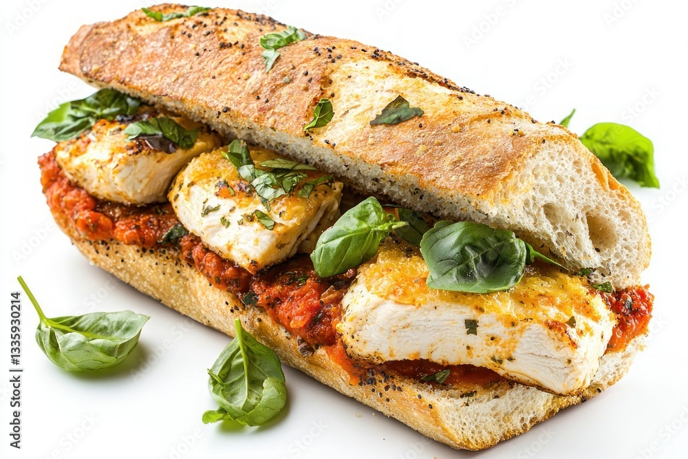 Delightful baguette sandwich with succulent chicken tomato sauce and fresh basil for appetizing meal concept Delightful baguette sandwich with succulent chicken tomato sauce and fresh basil for appetizing meal concept