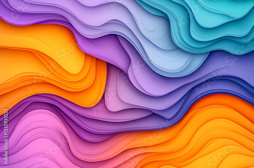 Colorful abstract background with wavy paper-cut shapes in purple, orange, and blue colors.