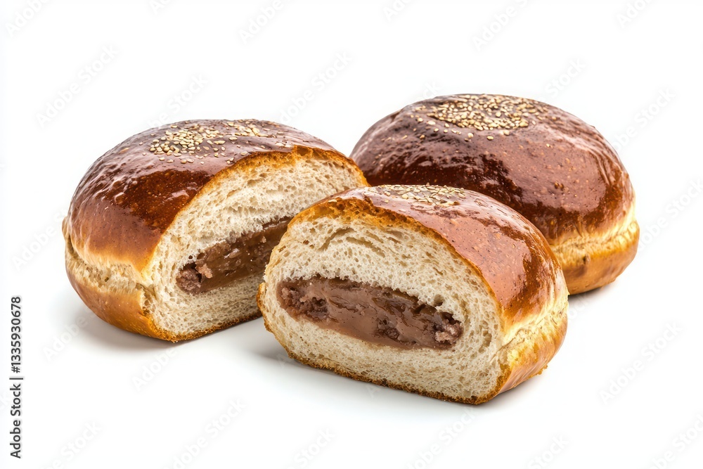Delicious sweet buns filled with red bean paste on white backdrop appetizing sweet bun photography Delicious sweet buns filled with red bean paste on white backdrop appetizing sweet bun photography