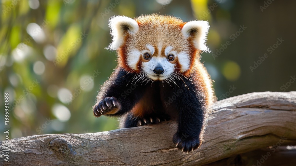 Naklejka premium Adorable Red Panda Climbing on Branch in Natural Habitat