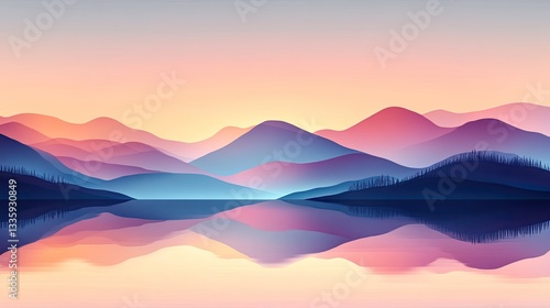 Serene sunset over tranquil lake, mountains reflecting, peaceful landscape, ideal for travel brochures