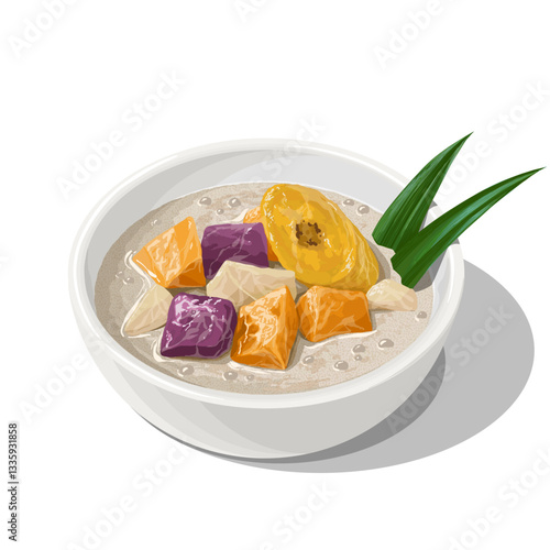 Traditional Bubur Cha Cha Vector Illustration. Colorful Nyonya Dessert with Sweet Potatoes, Yam, Banana and Coconut Milk.