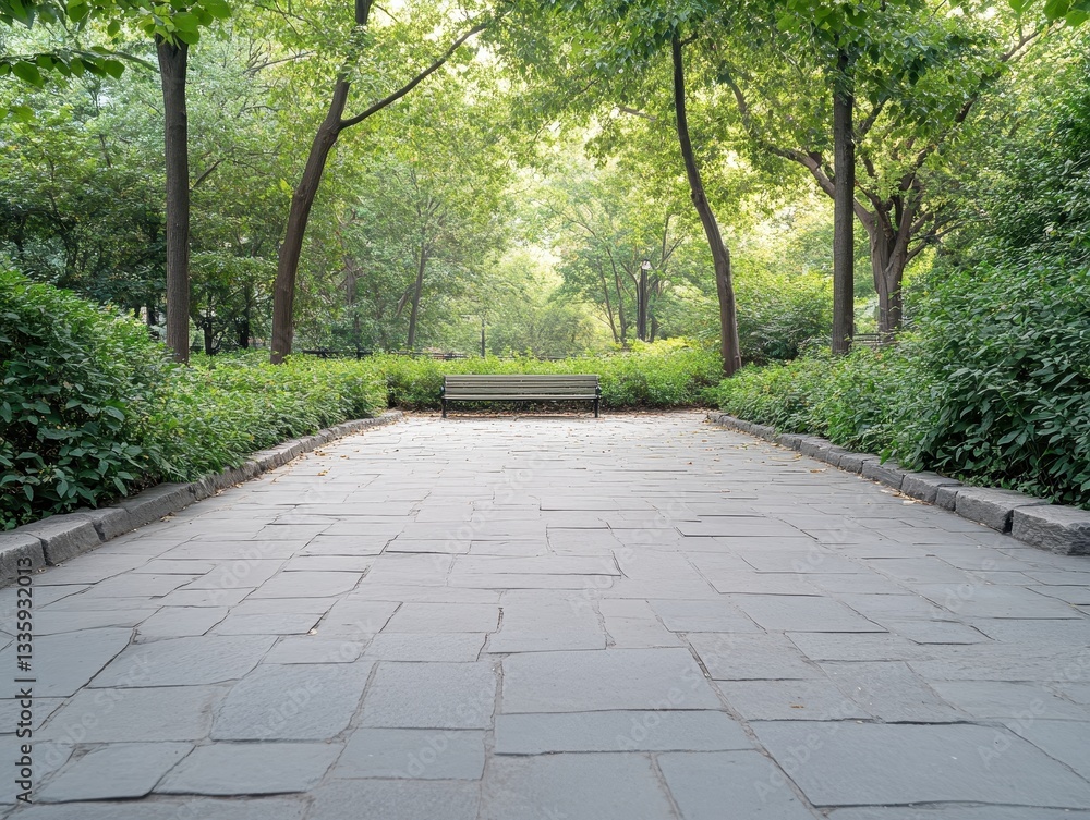 Serene park pathway leading to a bench surrounded by lush greenery Serene park pathway leading to a bench surrounded by lush greenery