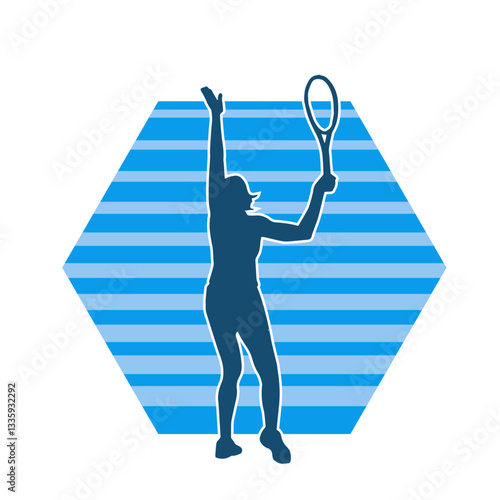Silhouette of a female tennis player in action pose. Silhouette of a woman playing tennis sport with racket.