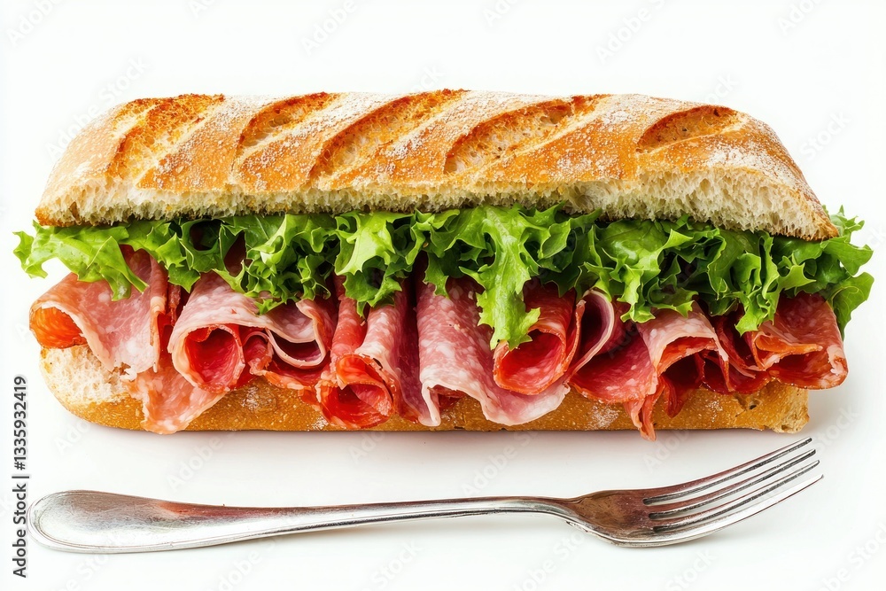 Italian Salami Sandwich with Green Lettuce on White Background Display Delicious Meal Preparation Gourmet Cuisine Italian Salami Sandwich with Green Lettuce on White Background Display Delicious Meal Preparation Gourmet Cuisine