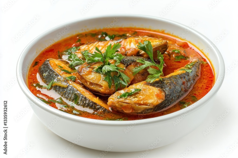 Delicious fish in tomato sauce and fresh parsley in a white bowl artistic photography culinary art cuisine seafood dish gastronomic presentation Delicious fish in tomato sauce and fresh parsley in a white bowl artistic photography culinary art cuisine seafood dish gastronomic presentation