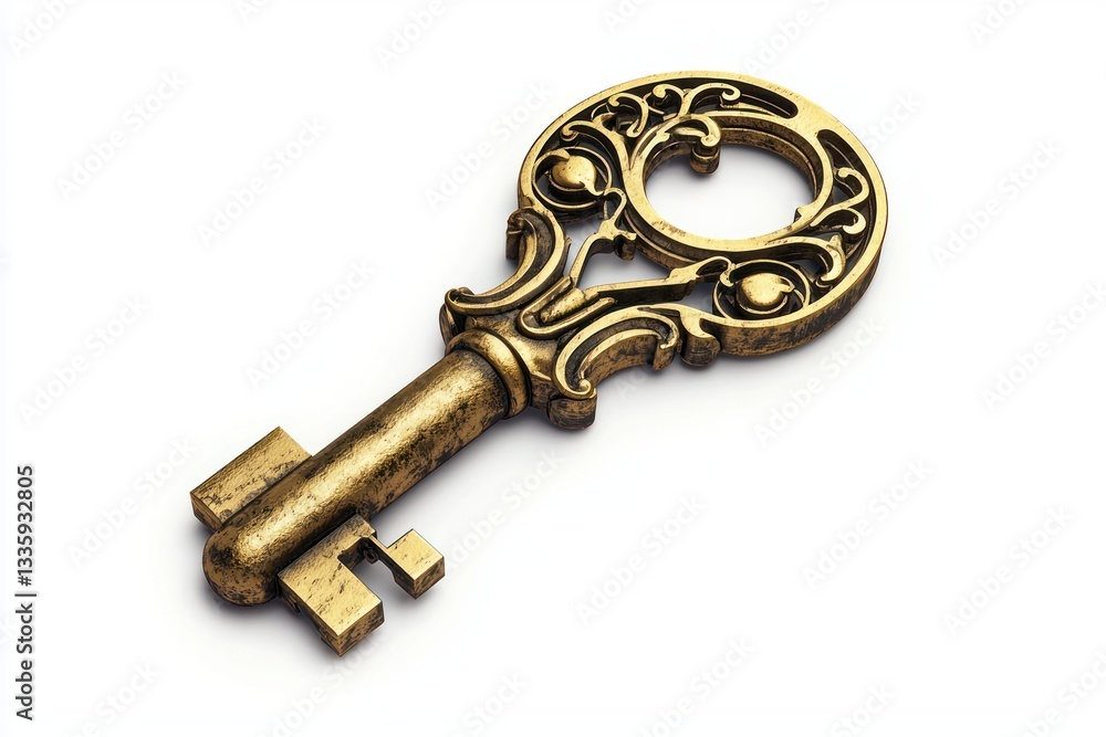 Antique Ornate Gold Key on White Background Symbolizing Access Security and Historical Significance Antique Ornate Gold Key on White Background Symbolizing Access Security and Historical Significance
