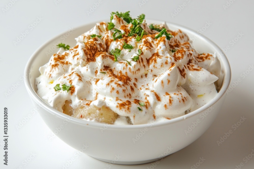 A culinary delight featuring a creamy white sauce sprinkled with savory paprika and fresh parsley sprigs A culinary delight featuring a creamy white sauce sprinkled with savory paprika and fresh parsley sprigs