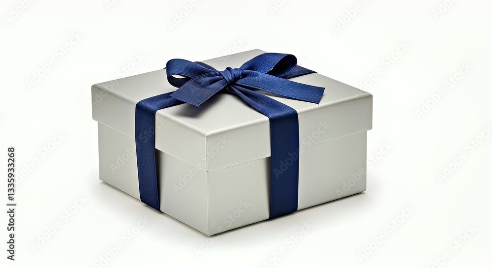 Obraz premium An Elegant Silver Gift Box With a Navy Blue Ribbon Tied Around It