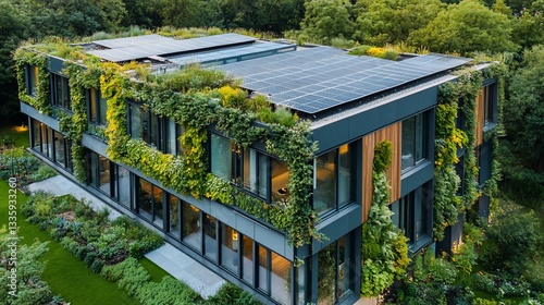 Modern eco-friendly building with solar panels and vertical garden architecture