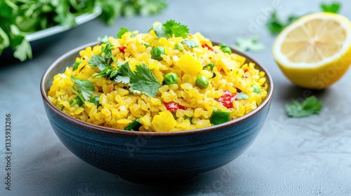 Delicious indian poha breakfast dish bowl with lemon and cilantro on a gray background angle side view for health food blog