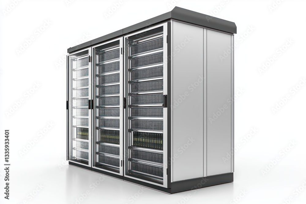 Server rack array in clean studio shot with server racks standing on a bright white glossy floor Server rack array in clean studio shot with server racks standing on a bright white glossy floor