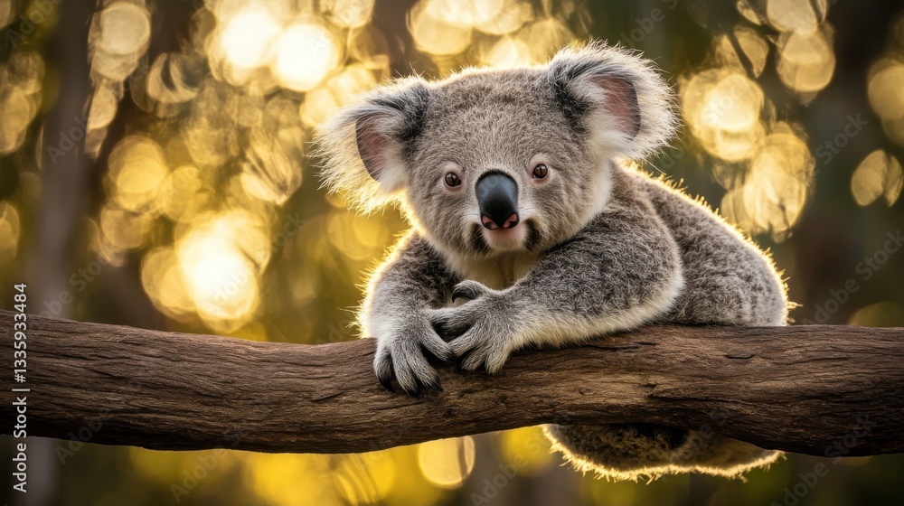 Fototapeta premium Close-up of a Koala Relaxing on a Branch in the Golden Hour