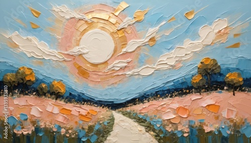 Wallpaper Mural Vivid Landscape Art, Abstract Sun and Trees, Nature Scene, Impasto Texture, Bright Colors, Peaceful Environment Torontodigital.ca