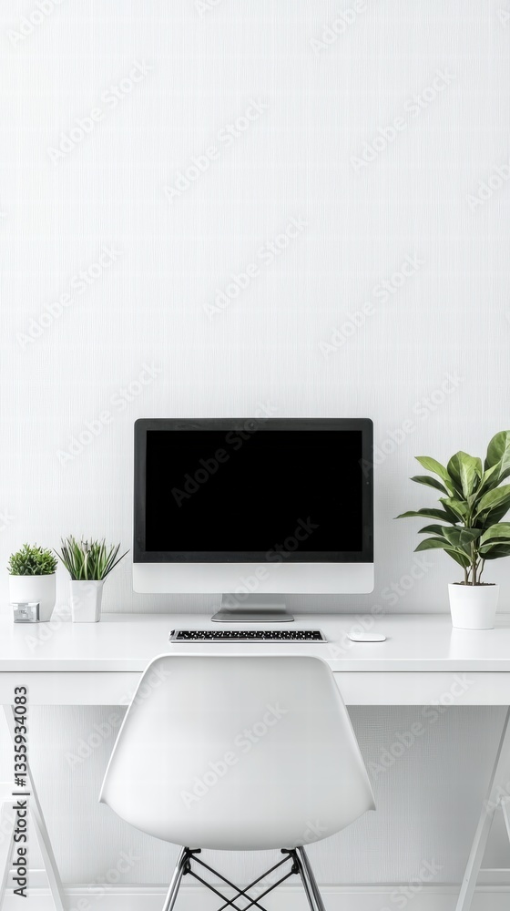 Productive home office setup with a computer and lively plant creating a stimulating work environment Productive home office setup with a computer and lively plant creating a stimulating work environment