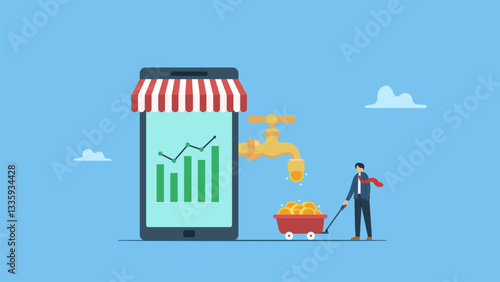 Businessman, entrepreneur making money coins online website from mobile phone. Make money online, earning profit from online investment, internet, e-commerce, sell product online, affiliate marketing.