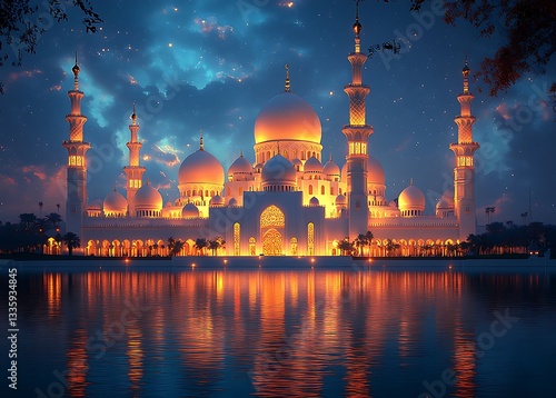 Grand Mosque Night Scene Illuminated Architecture Beautiful Domed Building Peaceful Reflection Water