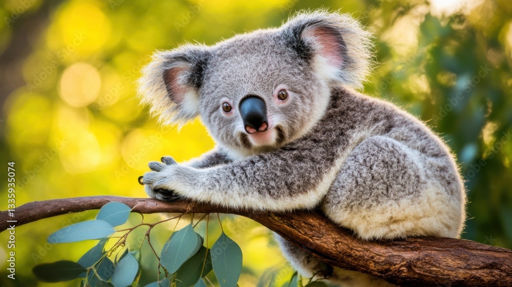 Fototapeta premium Cute Koala Relaxing on a Branch in a Lush Green Environment