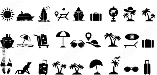 summer travel icon set. holiday tour icons for app and website containing hotel sun camp mountain drink plane island. transparent png and vector.
