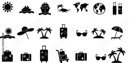 summer travel icon set. holiday tour icons for app and website containing hotel sun camp mountain drink plane island. transparent png and vector.
