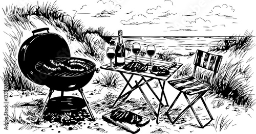 Beach scene, charcoal sketch, picnic setup, portable grill, wine glasses, wine bottle, folding table, sand dunes, ocean horizon, seagrass, cloudy sky, detailed illustration, grayscale, vintage style