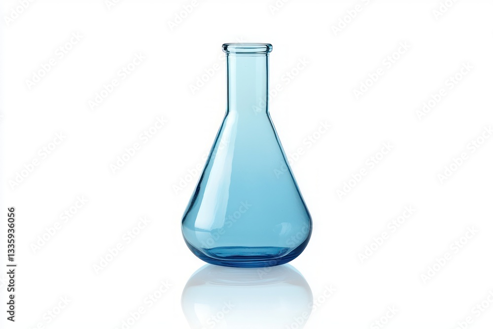 Blue erlenmeyer flask in glass isolated on white reflective background in studio chemistry science Blue erlenmeyer flask in glass isolated on white reflective background in studio chemistry science