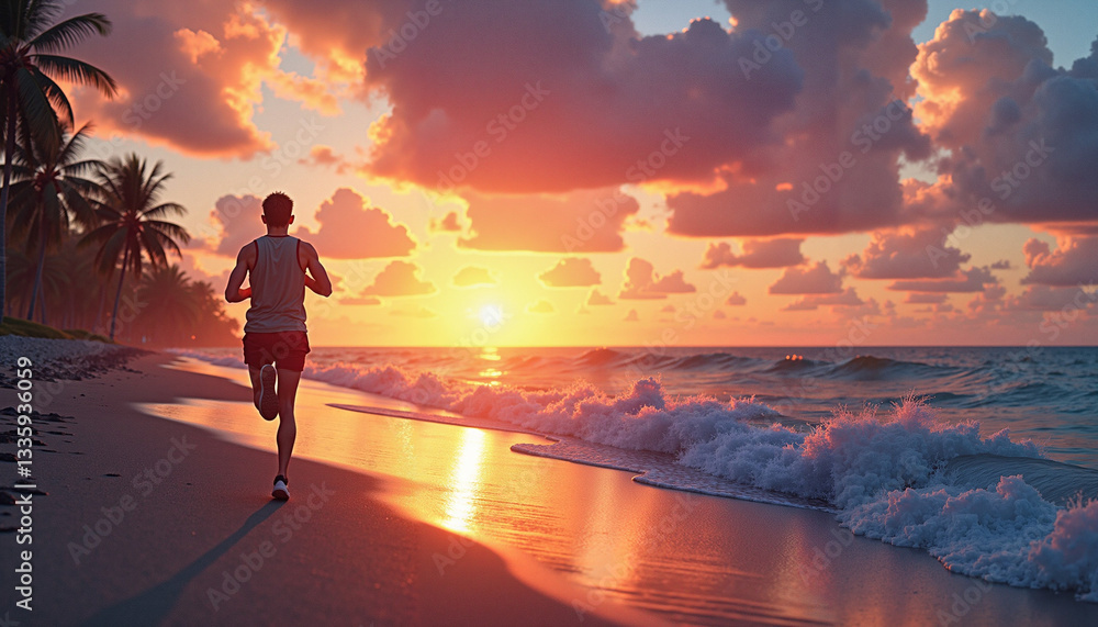 Fototapeta premium Young man jogging along the beach at sunset with palm trees in the background