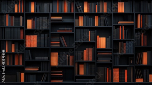 A black bookshelf with orange books.