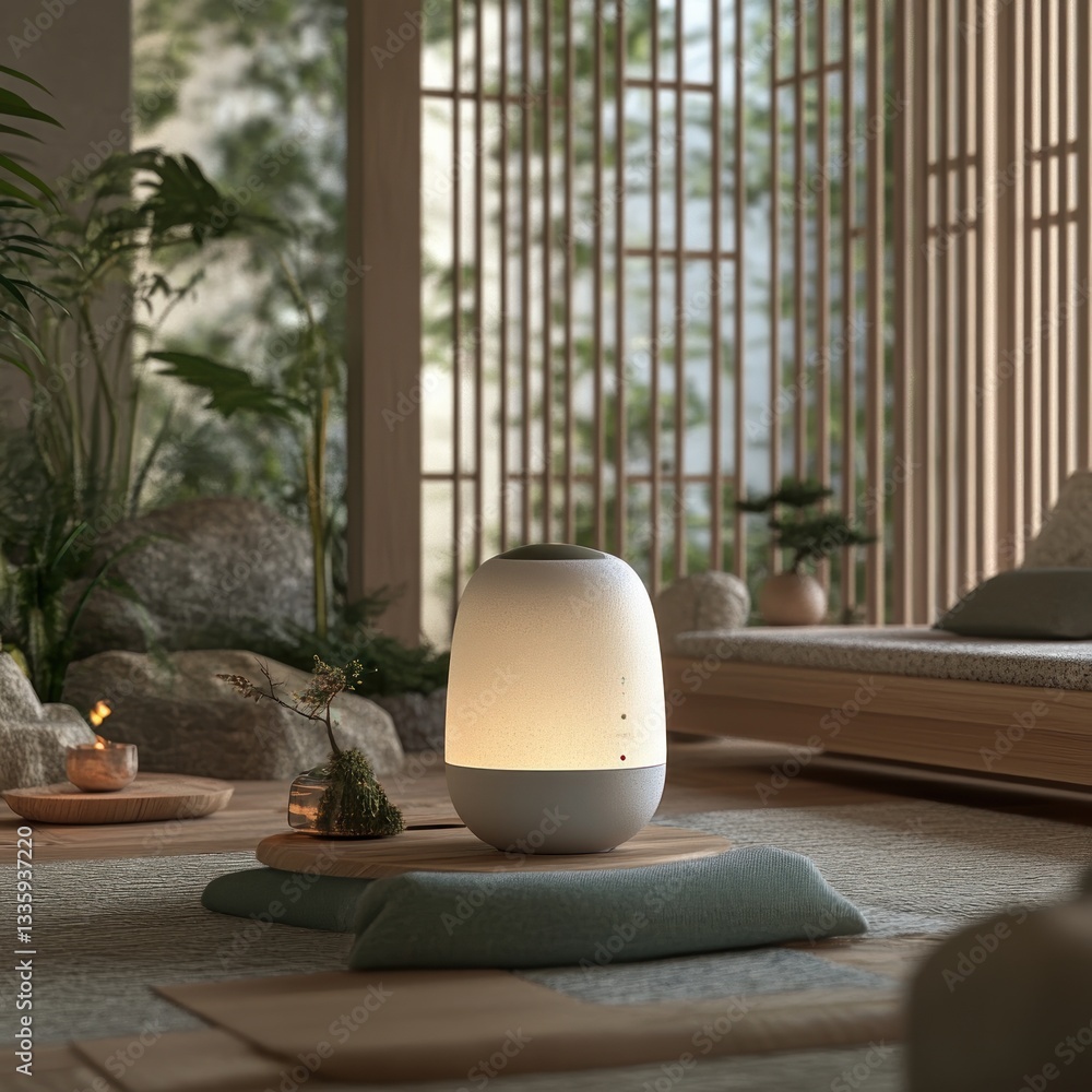 Fototapeta premium Serene ambiance light in calm tranquil natural indoor studio zen space with soothing glowing in warm light