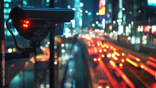 City surveillance camera at night.  Surveillance camera focused on a busy urban highway at night.  The camera is mounted on a pole, overlooking a blurred stream of vehicle lights.