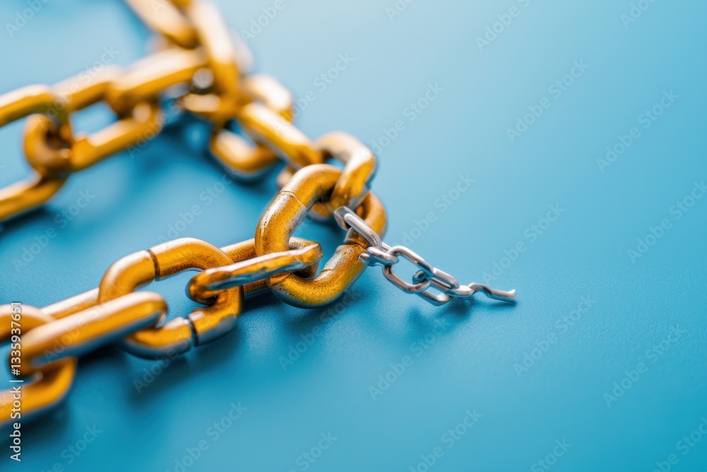 Fototapeta premium Golden chain links on a light blue background symbolizing connection strength and security in studio shot