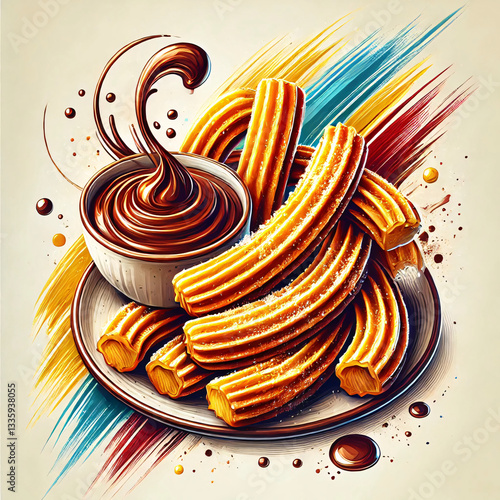 A plate filled with golden churros is accompanied by a small bowl of rich chocolate sauce. The background features bold colors that enhance the delicious treat's appeal