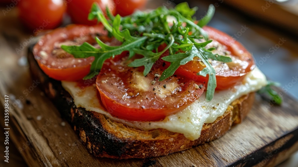 Delicious tomato and mozzarella cheese toast on a rustic wooden board with fresh arugula topping Delicious tomato and mozzarella cheese toast on a rustic wooden board with fresh arugula topping
