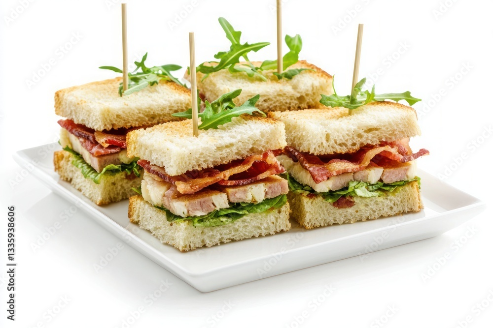 Freshly Prepared Bacon Lettuce and Turkey Sandwiches with Wooden Skewers on White Plate Food Photography Freshly Prepared Bacon Lettuce and Turkey Sandwiches with Wooden Skewers on White Plate Food Photography