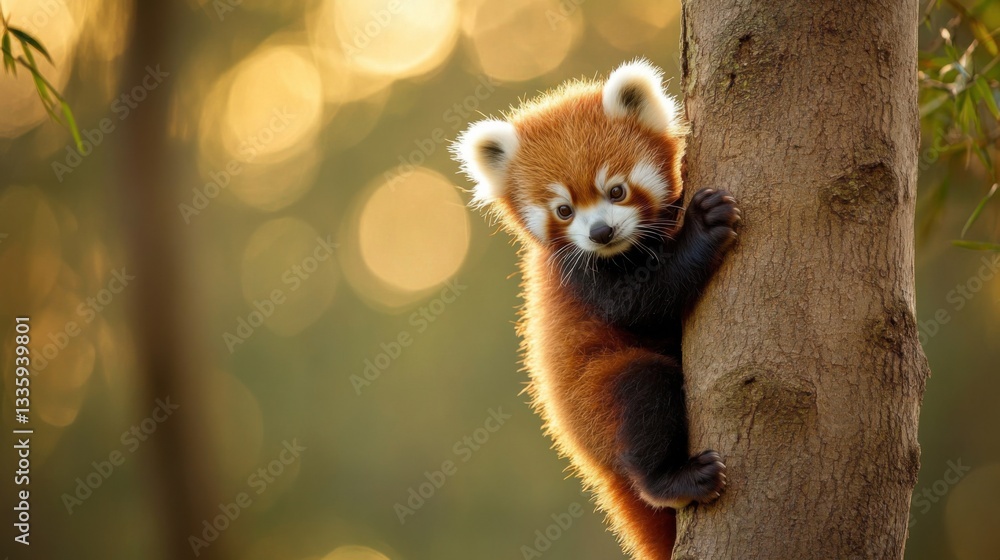 Fototapeta premium Playful Red Panda Climbing Tree in Soft Golden Afternoon Light