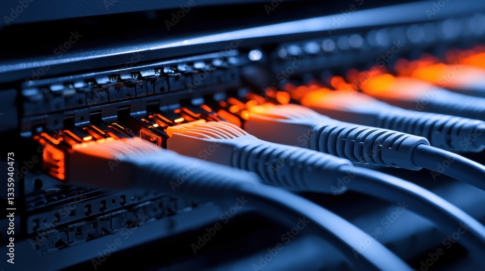 A network of cables plugged into a server.