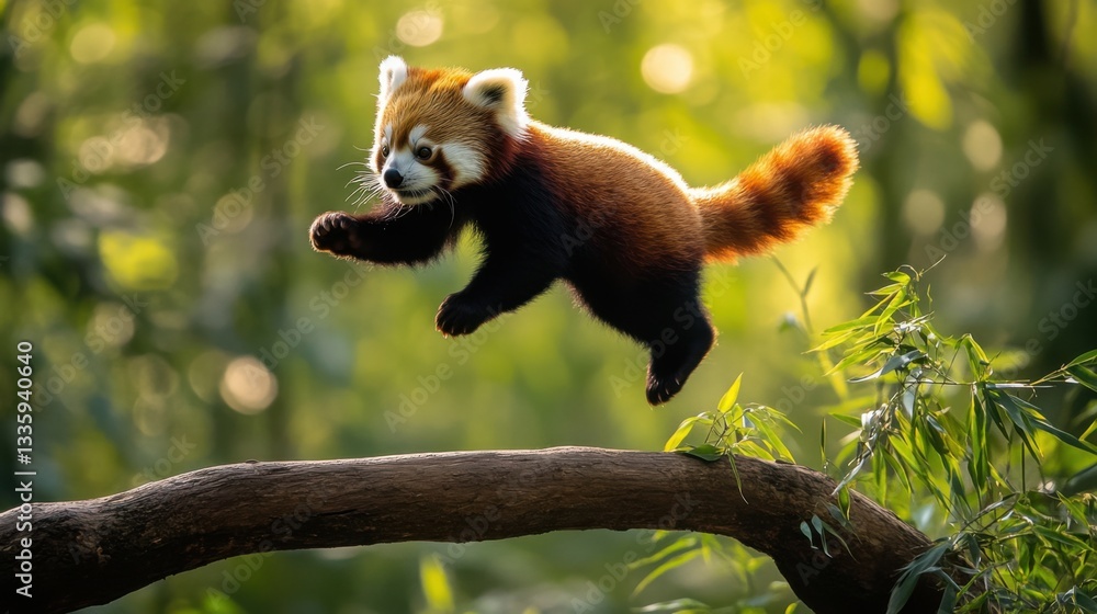 Fototapeta premium Red Panda in Motion Jumping through Lush Green Forest Environment