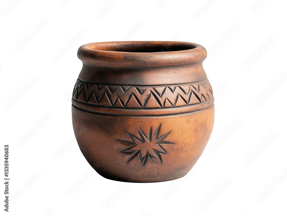 Rustic pottery with etched geometric designs. Earthy tones and artisanal craftsmanship showcase a timeless, traditional style. Isolated, transparent background, png. Rustic pottery with etched geometric designs. Earthy tones and artisanal craftsmanship showcase a timeless, traditional style. Isolated, transparent background, png.