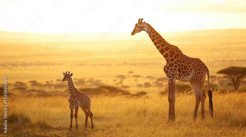 Obraz premium Serene Giraffes in Golden Sunset Over African Savanna Landscape