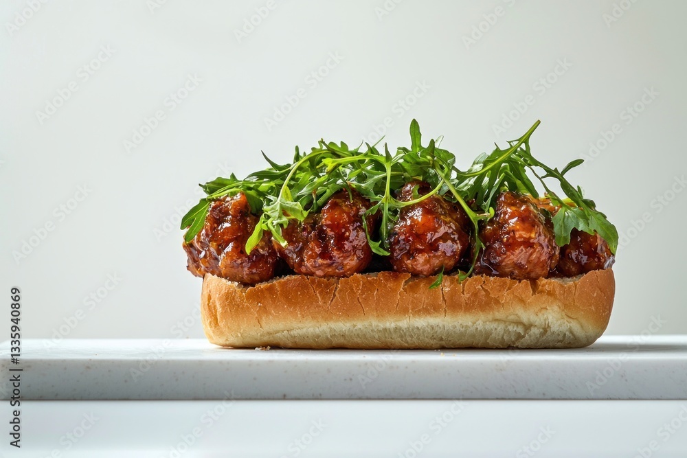 Appetizing meatball sub with vibrant green arugula on a marble board close up in mouthwatering detail Appetizing meatball sub with vibrant green arugula on a marble board close up in mouthwatering detail