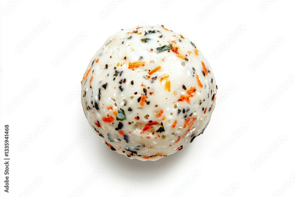 Eye level capturing a delicious candy ball of white chocolate with colorful toppings against a pure white surface Eye level capturing a delicious candy ball of white chocolate with colorful toppings against a pure white surface