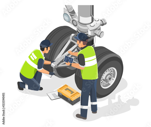 Isometric Isolated Illustration of Aircraft Maintenance Engineers Inspecting and Repairing Landing Gear System