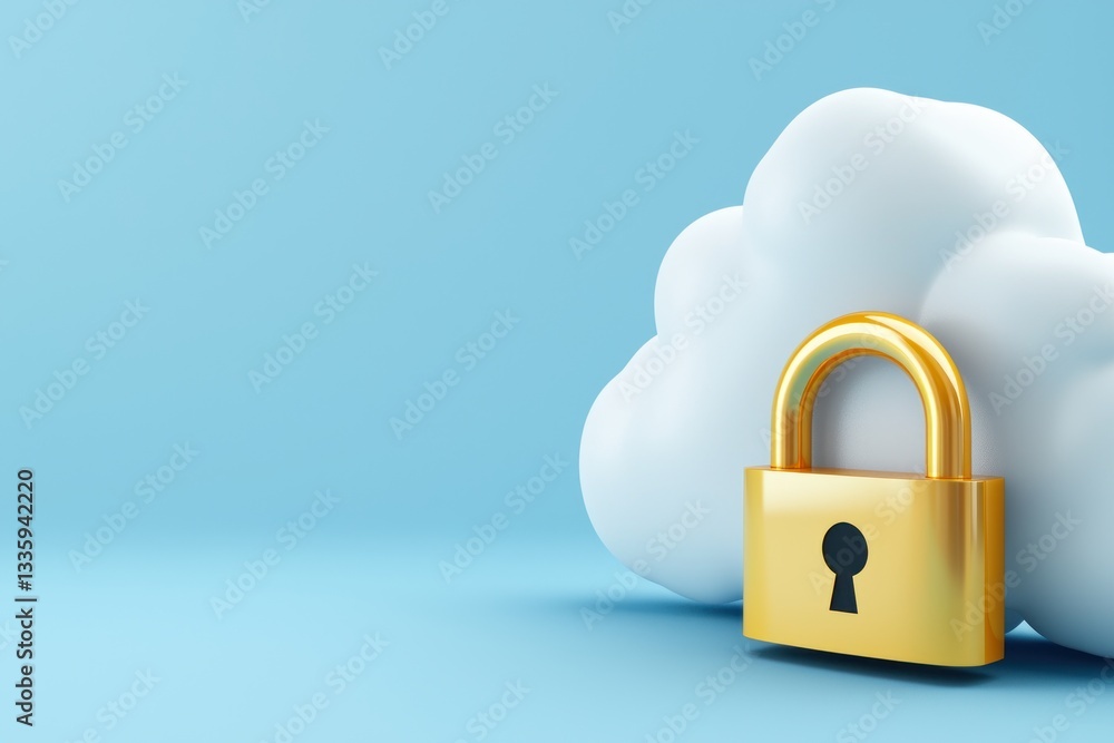 Digital defense concept shiny golden padlock guarding white cloud on pastel blue background data security Digital defense concept shiny golden padlock guarding white cloud on pastel blue background data security