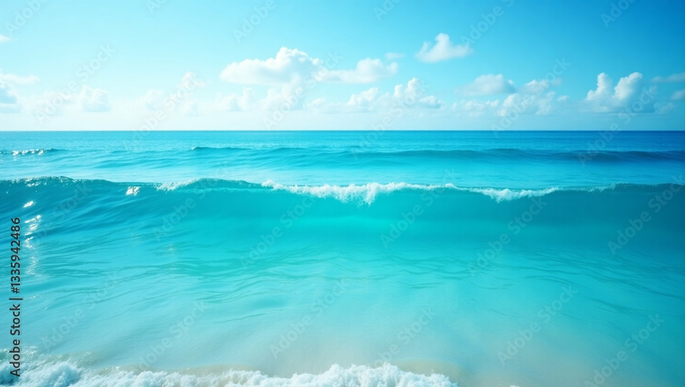 Obraz premium Turquoise dream: Serene ocean vista under a calming blue sky with puffy clouds