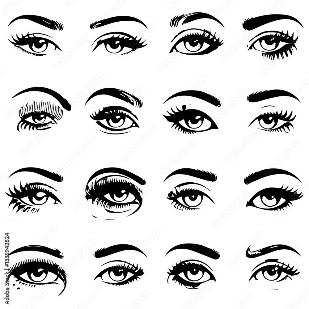 A collection of black and white vector illustrations of various stylized eyes with different eyebrow shapes, eyelashes, and eyeliner styles. A modern, artistic design set. A collection of black and white vector illustrations of various stylized eyes with different eyebrow shapes, eyelashes, and eyeliner styles. A modern, artistic design set.